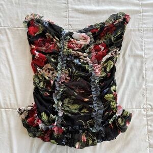 Molly Goddard Strapless Ruched Floral Print Mesh Tube Top Designer See Through